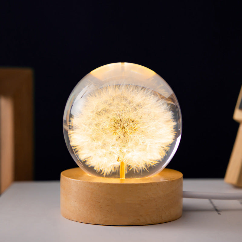 Luminous 3D Dandelion Crystal Ball Beech Wood Stand Base Preserved Flower Sphere Desktop Ornaments Birthday Christmas Gi