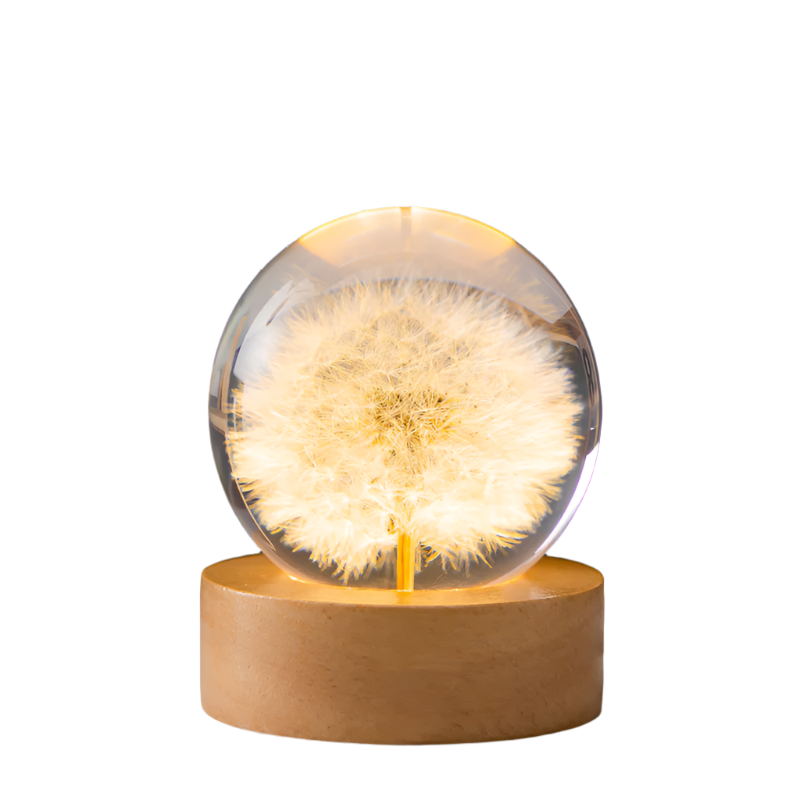 Luminous 3D Dandelion Crystal Ball Beech Wood Stand Base Preserved Flower Sphere Desktop Ornaments Birthday Christmas Gi