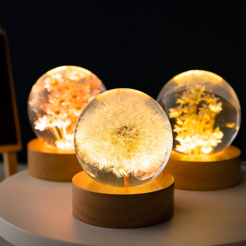 Luminous 3D Dandelion Crystal Ball Beech Wood Stand Base Preserved Flower Sphere Desktop Ornaments Birthday Christmas Gi