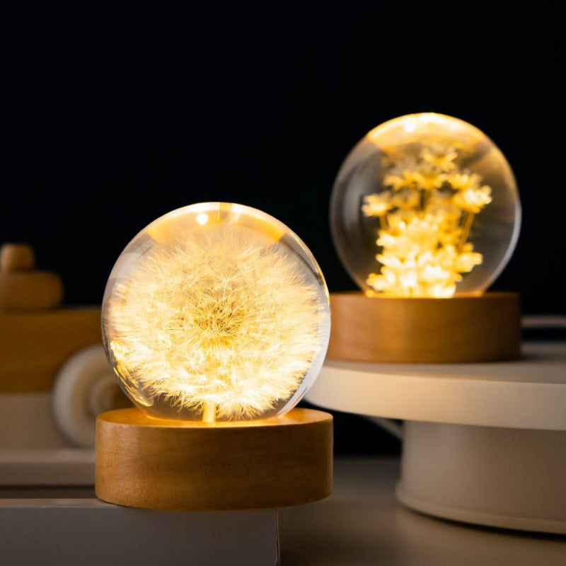 Luminous 3D Dandelion Crystal Ball Beech Wood Stand Base Preserved Flower Sphere Desktop Ornaments Birthday Christmas Gi