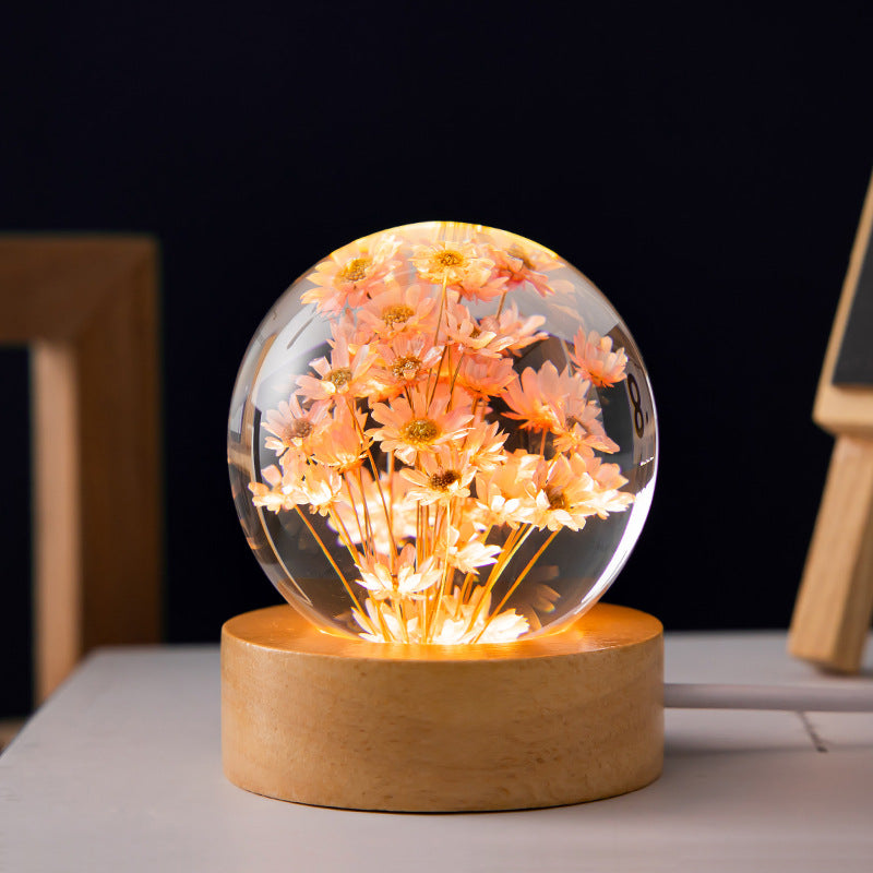 Luminous 3D Dandelion Crystal Ball Beech Wood Stand Base Preserved Flower Sphere Desktop Ornaments Bithday Christmas Gif