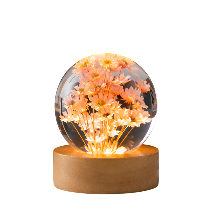 Luminous 3D Dandelion Crystal Ball Beech Wood Stand Base Preserved Flower Sphere Desktop Ornaments Bithday Christmas Gif