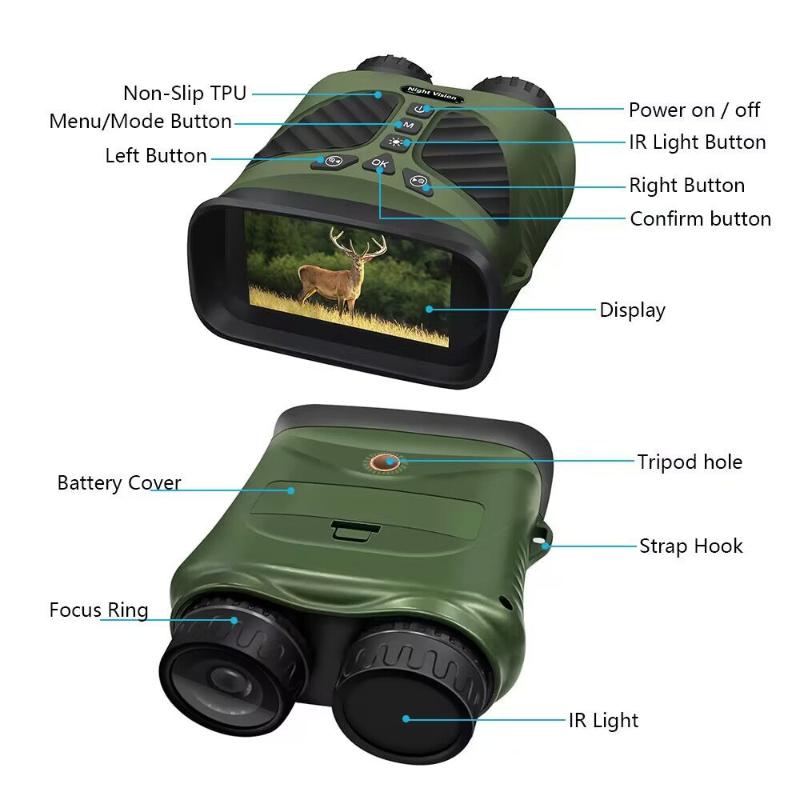 Green Digital Night Vision Binoculars 3.0'' Ips Screen 10X Optical Zoom 2.5K Video Recording Infrared For 300M Range