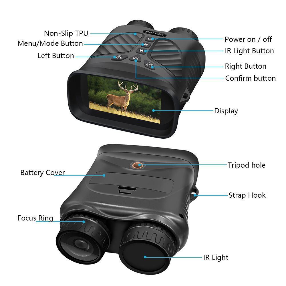 Black Digital Night Vision Binoculars 3.0'' Ips Screen 10X Optical Zoom 2.5K Video Recording Infrared For 300M Range