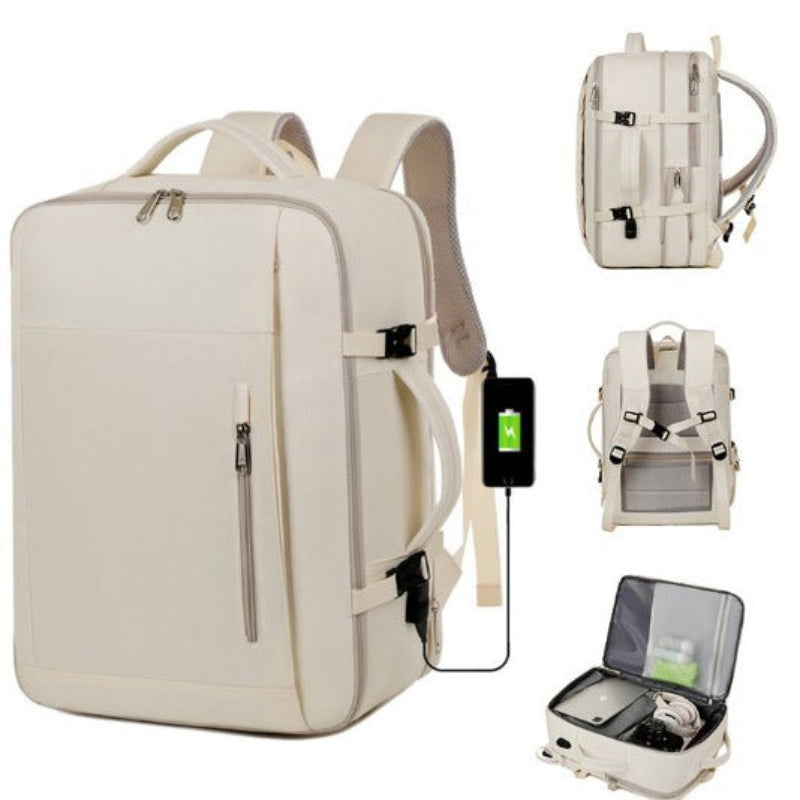 Off White Expandable Backpack With Usb Port Multi Functional Outdoor Commuter Laptop Bag