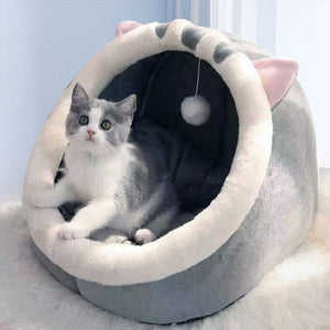 Gray Half Enclosed Cat Bed Soft Short Velvet Fabric With Sponge + Pp Cotton Filling M Size (35X35x30cm)