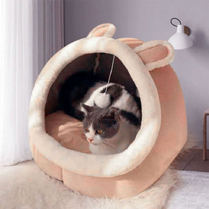 Pink Half Enclosed Cat Bed Soft Short Velvet Fabric With Sponge + Pp Cotton Filling M Size (35X35x30cm)