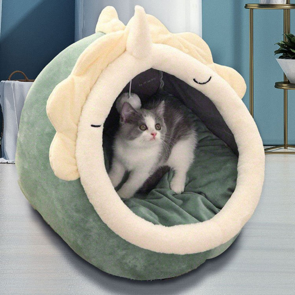 Green Half Enclosed Cat Bed Soft Short Velvet Fabric With Sponge + Pp Cotton Filling M Size (35X35x30cm)