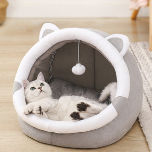 Gray Half Enclosed Cat Bed Soft Short Velvet Fabric With Sponge + Pp Cotton Filling M Size (35X35x30cm)