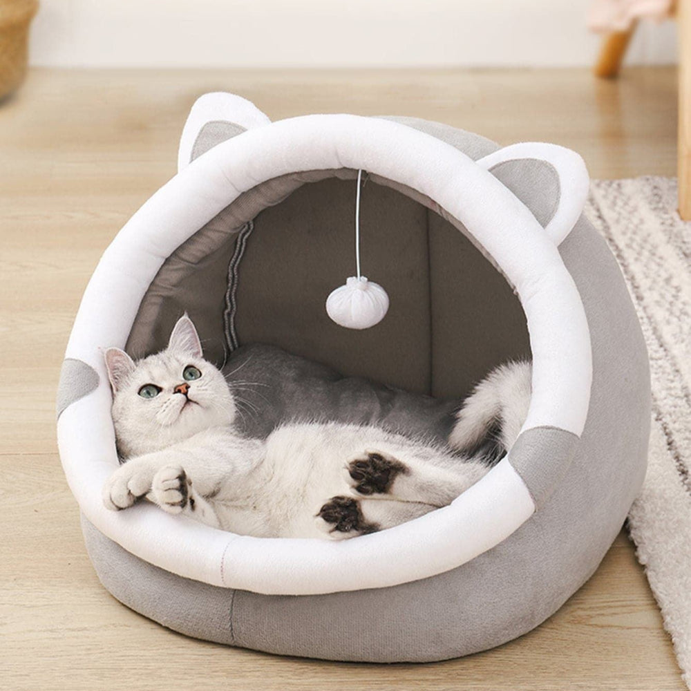 Gray Half Enclosed Cat Bed Soft Short Velvet Fabric With Sponge Pp Cotton Filling Size (28X28x30 Cm)