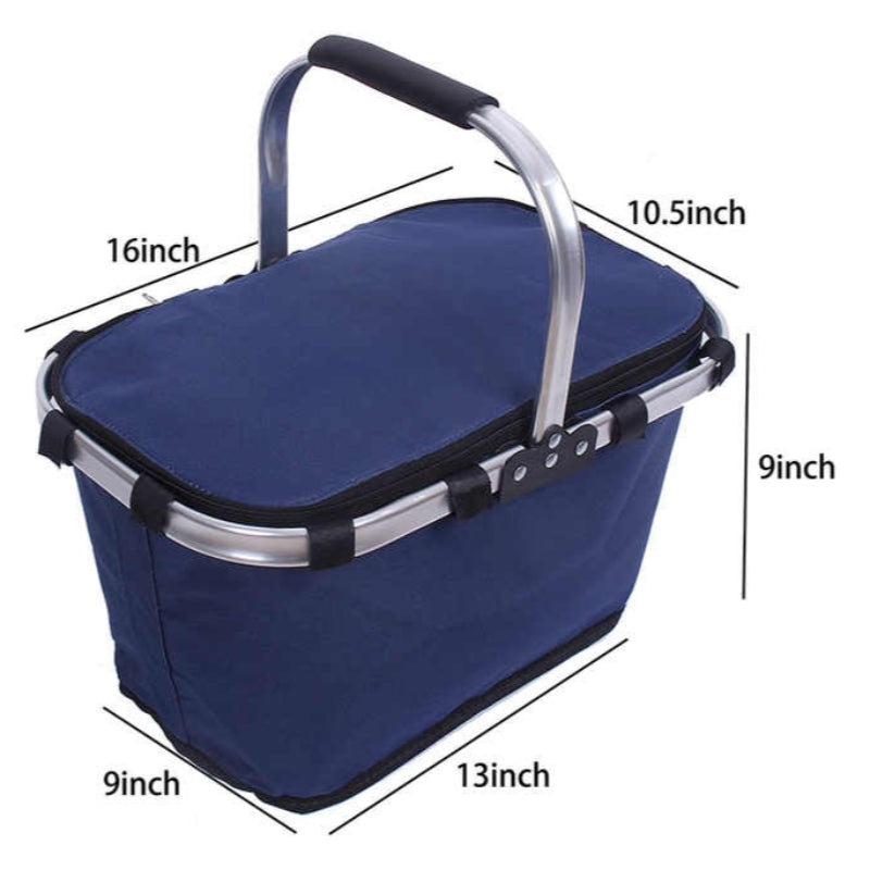 Blue Portable Picnic Basket Foldable Insulated Outdoor Shopping Meal Delivery & Takeout Carrier