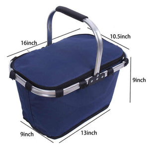 Dark Blue Portable Picnic Basket Foldable Insulated Outdoor Shopping Meal Delivery & Takeout Carrier