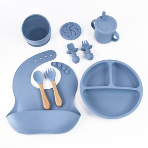 Blue 8 Piece Silicone Children's Tableware Set Bpa Free Baby Feeding Utensils With Wooden Fork And Spoon Cup Bowl Bibs