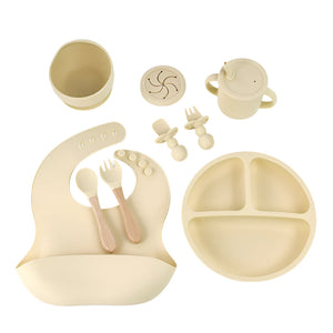 Off White 8 Piece Silicone Children's Tableware Set Bpa Free Baby Feeding Utensils With Wooden Fork And Spoon Cup Bowl B