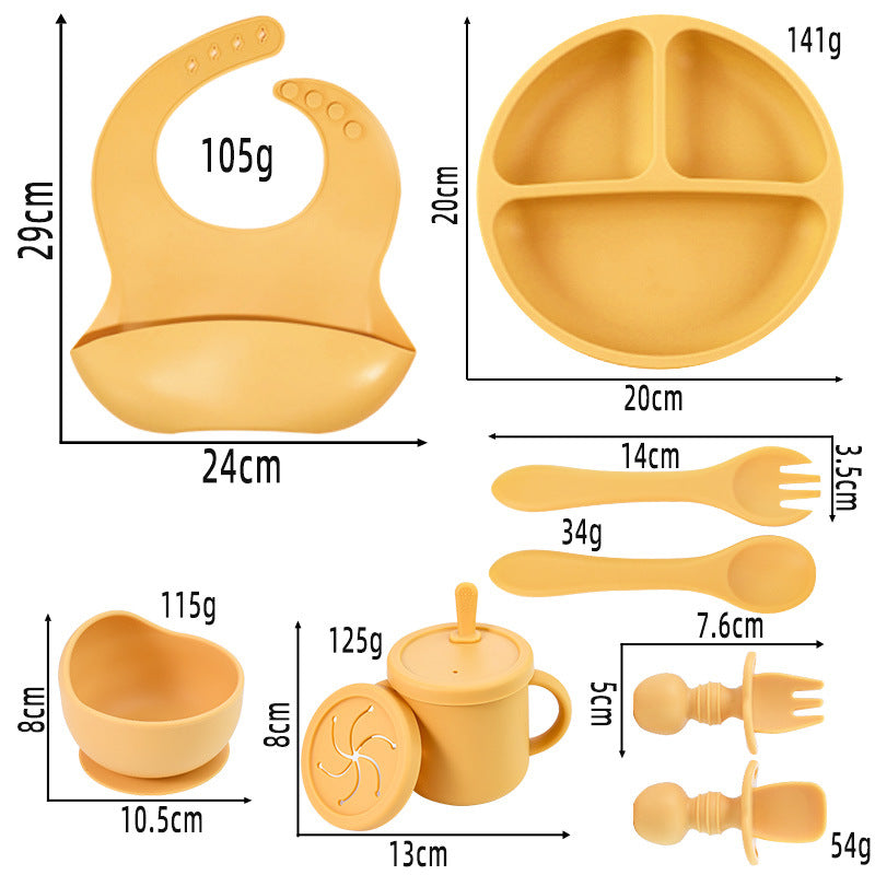 Off White 8 Piece Silicone Children's Tableware Set Bpa Free Baby Feeding Utensils With Wooden Fork And Spoon Cup Bowl B