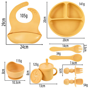 Off White 8 Piece Silicone Children's Tableware Set Bpa Free Baby Feeding Utensils With Wooden Fork And Spoon Cup Bowl B