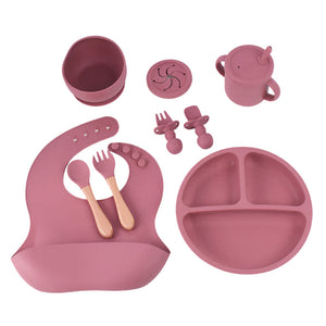 Rose Red 8 Piece Silicone Children's Tableware Set Bpa Free Baby Feeding Utensils With Wooden Fork And Spoon Cup Bowl Bi