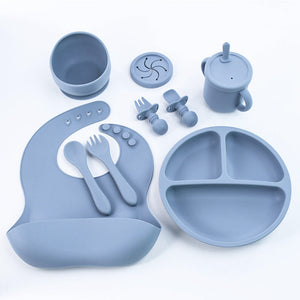 Blue 8 Piece Silicone Children's Tableware Set Bpa Free Baby Feeding Utensils With Fork Spoon Cup Bowl And Bibs