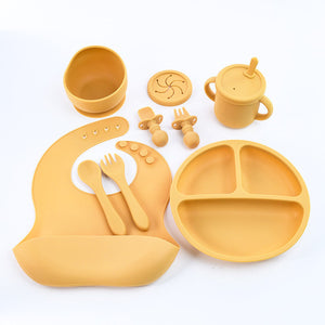 Yellow 8 Piece Silicone Children's Tableware Set Bpa Free Baby Feeding Utensils With Fork Spoon Cup Bowl And Bibs