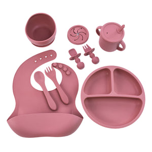 Rose Red 8 Piece Silicone Children's Tableware Set Bpa Free Baby Feeding Utensils With Fork Spoon Cup Bowl And Bibs