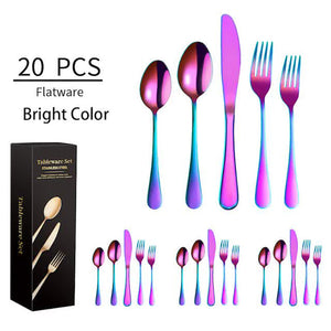 Bright Colour 410 Stainless Steel Cutlery Set Western Steak Knife Fork And Spoon 20 Piece Dinnerware