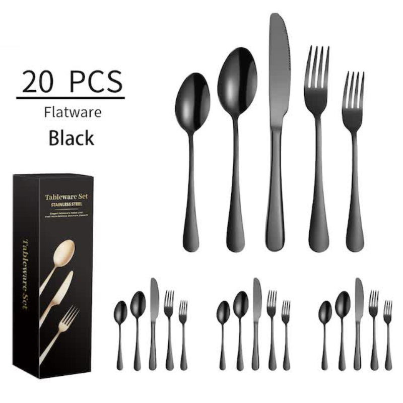 Black 410 Stainless Steel Cutlery Set Western Steak Knife Fork & Spoon Set/20 Piece Dinnerware