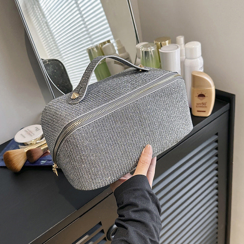 Gray Shiny Large Capacity Makeup Bag Multi Function Travel Toiletry Organizer Handheld Cosmetic Storage