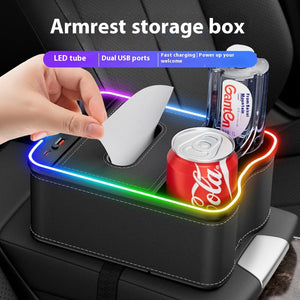 Black Car Armrest Storage Box With Led Ambient Light Multifunctional Tissue Holder & Organizer For Interior