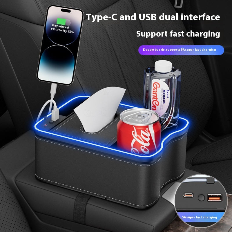 Black Car Armrest Storage Box With Led Ambient Light Multifunctional Tissue Holder & Organizer For Interior