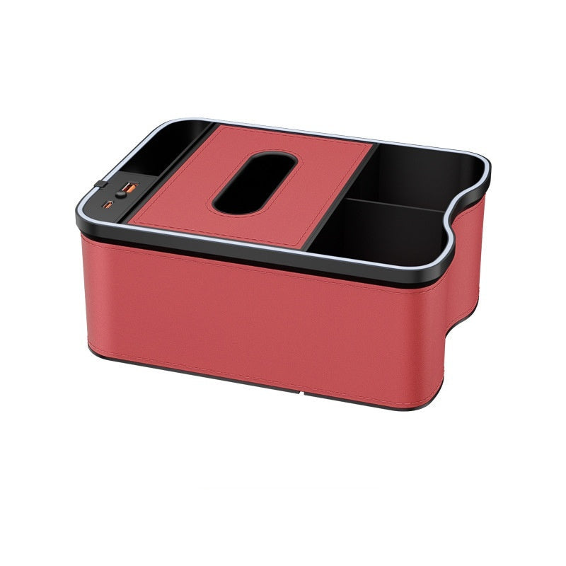 Volcano Red Car Armrest Storage Box With Led Ambient Light Multifunctional Tissue Holder & Organizer For Interior