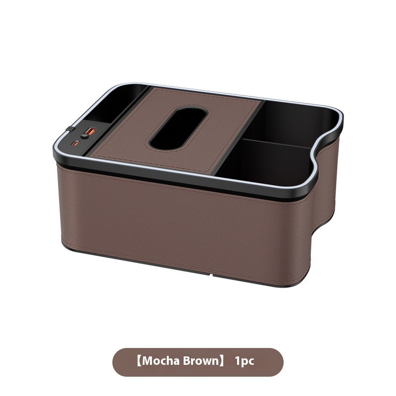 Mocha Brown Car Armrest Storage Box With Led Ambient Light Multifunctional Tissue Holder And Organiser For Interior