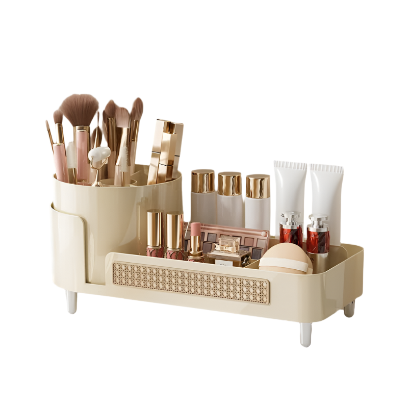 White Cosmetic Organizer Rotating Desktop Makeup Brush Holder With Large Capacity Storage