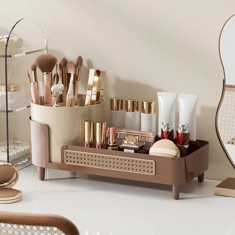 Brown Cosmetic Organizer Rotating Desktop Makeup Brush Holder With Large Capacity Storage