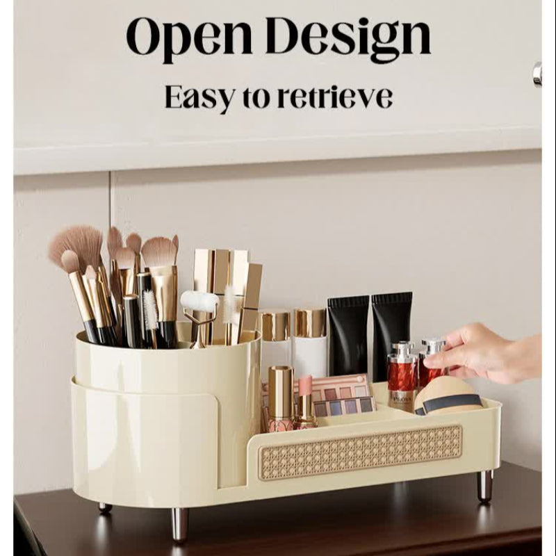 Brown Cosmetic Organizer Rotating Desktop Makeup Brush Holder With Large Capacity Storage