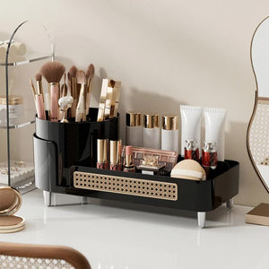 Black Cosmetic Organizer Rotating Desktop Makeup Brush Holder With Large Capacity Storage