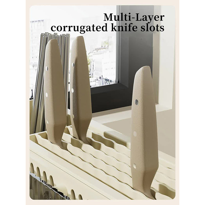 Cream White Multifunctional Kitchen Knife Holder Integrated Storage Rack For Knives Chopsticks And Cutting Boards