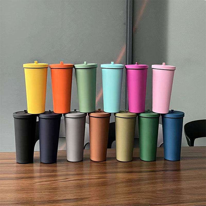 750Ml Orange Straw Cup 304 Stainless Steel Reusable Bpa Free Water Bottle With Leak Proof Lid Large Capacity Perfect For