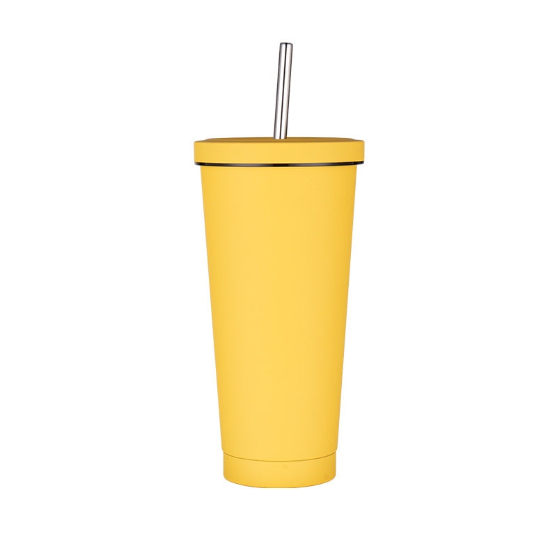 750Ml Yellow Straw Cup 304 Stainless Steel Reusable Bpa Free Water Bottle With Leak Proof Lid Large Capacity Perfect For