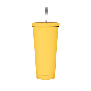 750Ml Yellow Straw Cup 304 Stainless Steel Reusable Bpa Free Water Bottle With Leak Proof Lid Large Capacity Perfect For