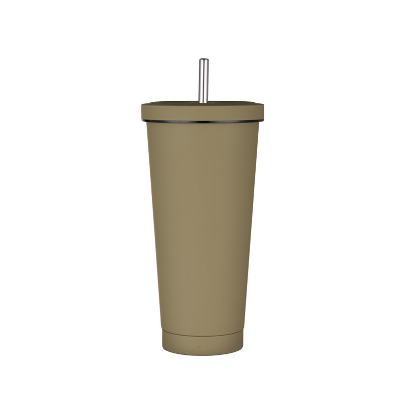 750Ml Light Brown Straw Cup 304 Stainless Steel Reusable Bpa Free Water Bottle With Leak Proof Lid Large Capacity Perfec