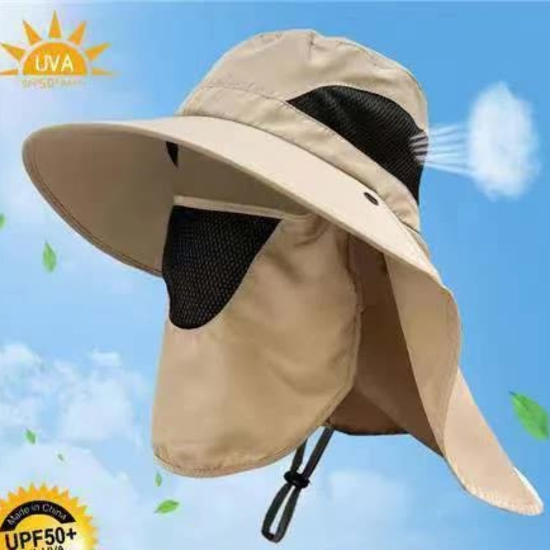 Khaki Outdoor Uv Protection Hat For Men Detachable Face & Neck Shield Large Brim Sun Fishing Hiking And Activities