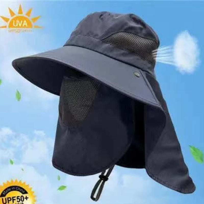 Navy Blue Outdoor Uv Protection Hat For Men Detachable Face & Neck Shield Large Brim Sun Fishing Hiking And Activities