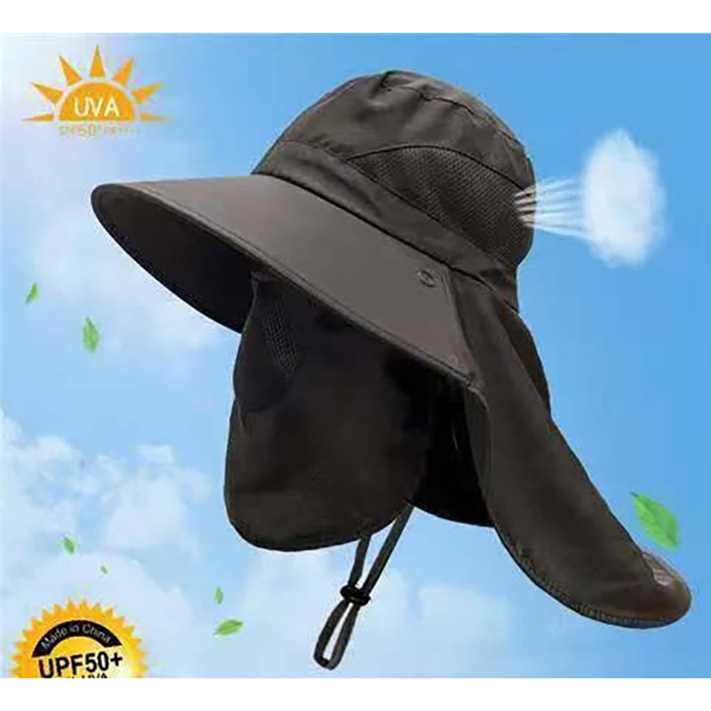 Black Outdoor Uv Protection Hat For Men Detachable Face & Neck Shield Large Brim Sun Fishing Hiking And Activities