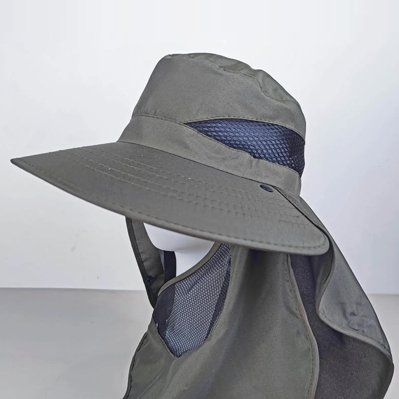 Navy Blue Outdoor Uv Protection Hat For Men Detachable Face & Neck Shield Large Brim Sun Fishing Hiking And Activities