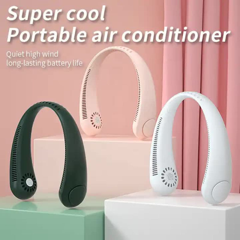 Pink Portable Neck Hanging Usb Fan Mini Hands Free Wearable Rechargeable No Blade Design For Cooling