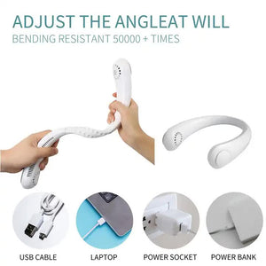 White Portable Neck Hanging Usb Fan Mini Hands Free Wearable Rechargeable No Blade Design For Cooling