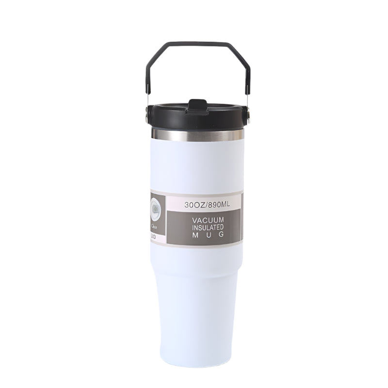 White 30Oz 304 Stainless Steel Ice Cup With Handle Portable Car And Travel Double Insulated For Hot & Cold Drinks