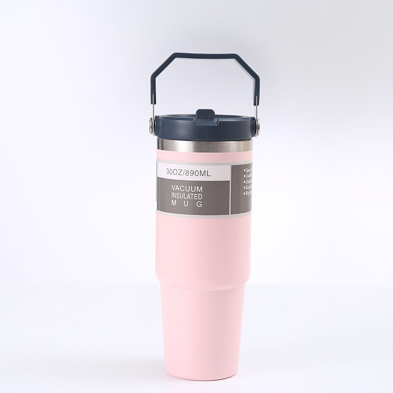 Pink 30Oz 304 Stainless Steel Ice Cup With Handle Portable Car And Travel Double Insulated For Hot & Cold Drinks