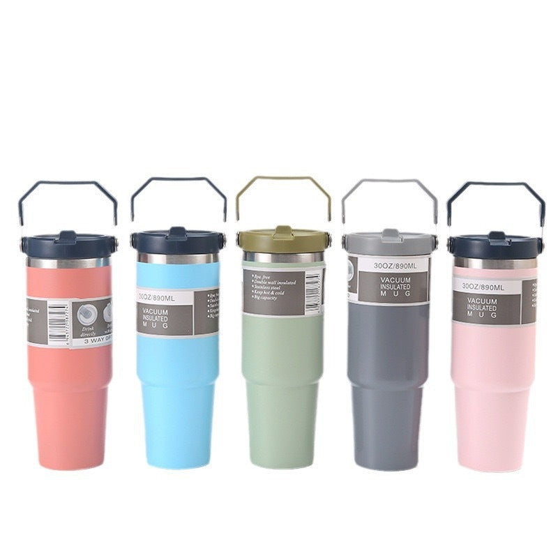 Pink 30Oz 304 Stainless Steel Ice Cup With Handle Portable Car And Travel Double Insulated For Hot & Cold Drinks