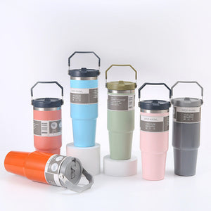 Orange Pink 30Oz 304 Stainless Steel Ice Cup With Handle Portable Car And Travel Double Insulated For Hot & Cold Drinks